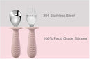 PandaEar 4 Set Baby Toddler Silicone Stainless Steel Utensils Silverware Spoon Fork for Baby Toddler BPA Free with Silicone Holding Anti-Choke Design (Pink&Grey) by TinyTreasures Baby Boutique