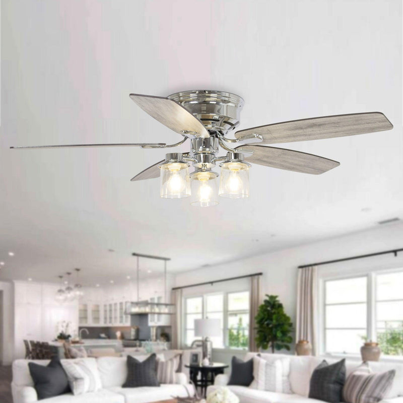 52" Bangatore Traditional Chrome Flush Mount Reversible Ceiling Fan with Lighting and Remote Control