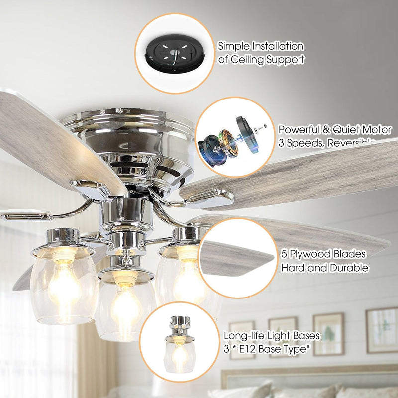 52" Bangatore Traditional Chrome Flush Mount Reversible Ceiling Fan with Lighting and Remote Control