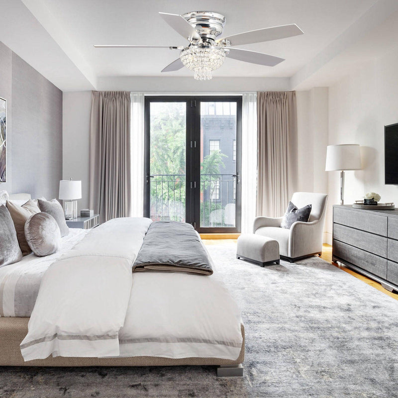 52" Kanpur Modern Chrome Flush Mount Reversible Crystal Ceiling Fan with Lighting and Remote Control