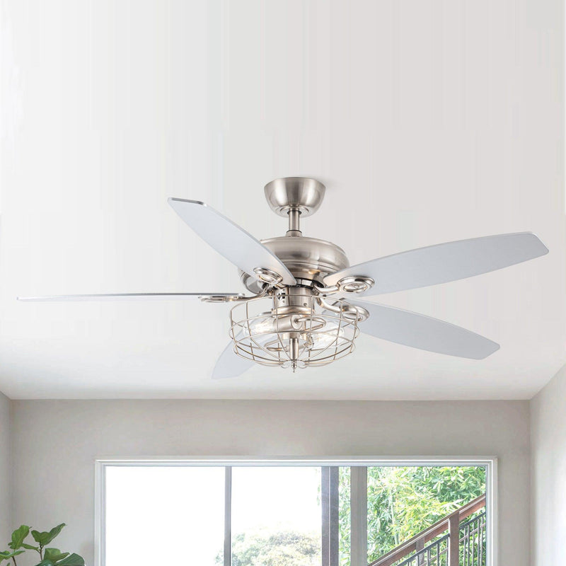 52" Kyla Industrial Brushed Nickel Reversible Caged Ceiling Fan with Lighting