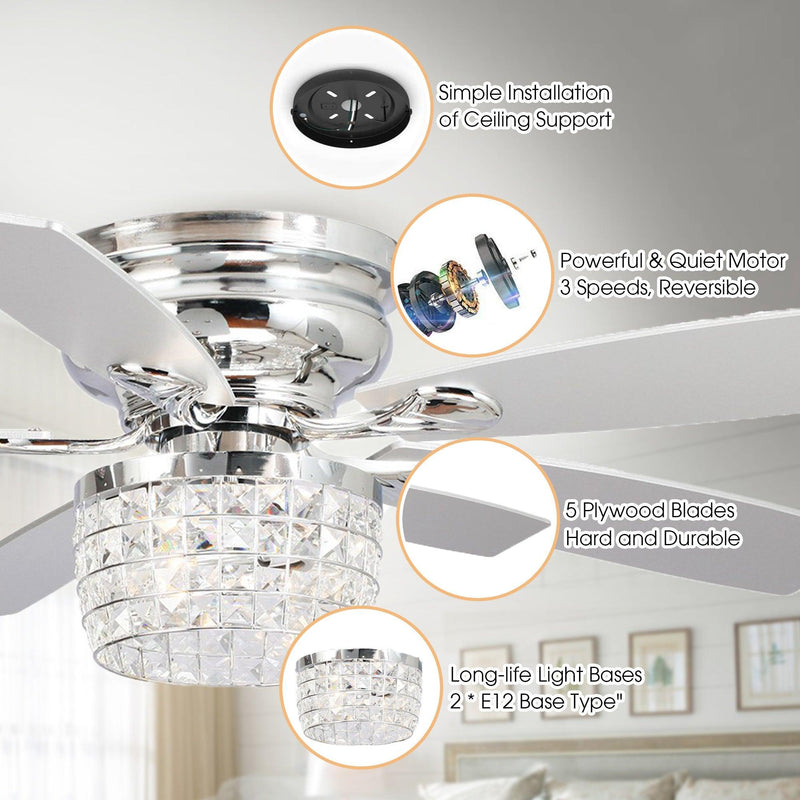 52" Panipat Modern Chrome Flush Mount Reversible Crystal Ceiling Fan with Lighting and Remote Control