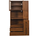 Tall Kitchen Pantry Cabinet With 4 Tier Side Shelf, 2 Drawers, Freestanding Food Hutch With Microwave Stand For Dining Room - Walnut