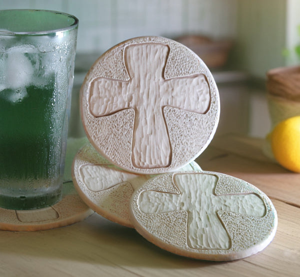 Rugged Cross Drink Coasters, installed in a room