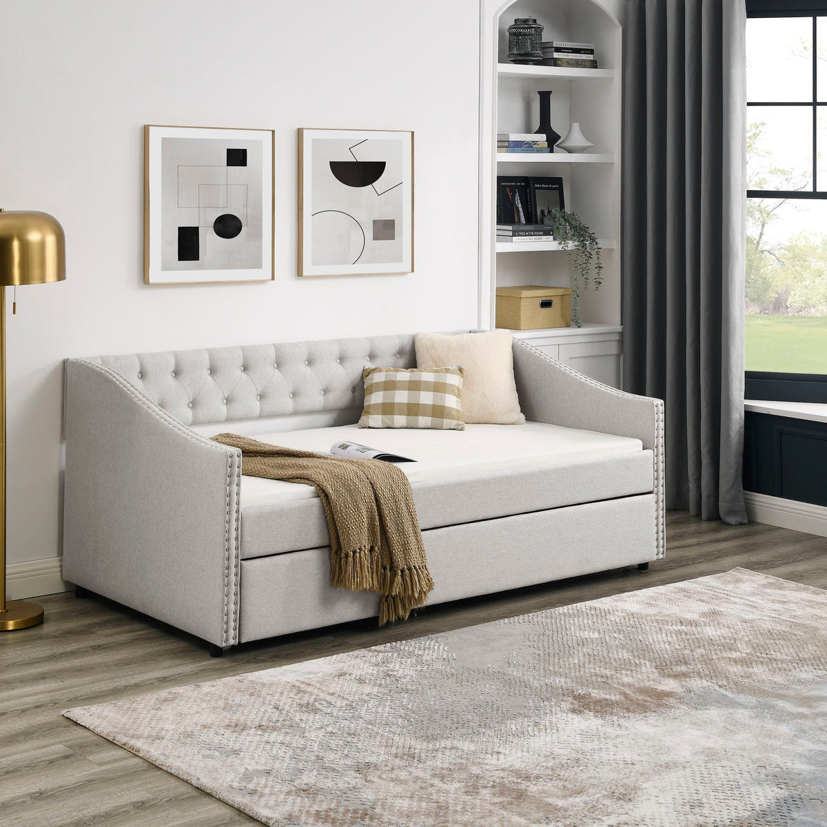 Upholstered Tufted Daybed With Drawers, Waved Arms, photo 14 of 27