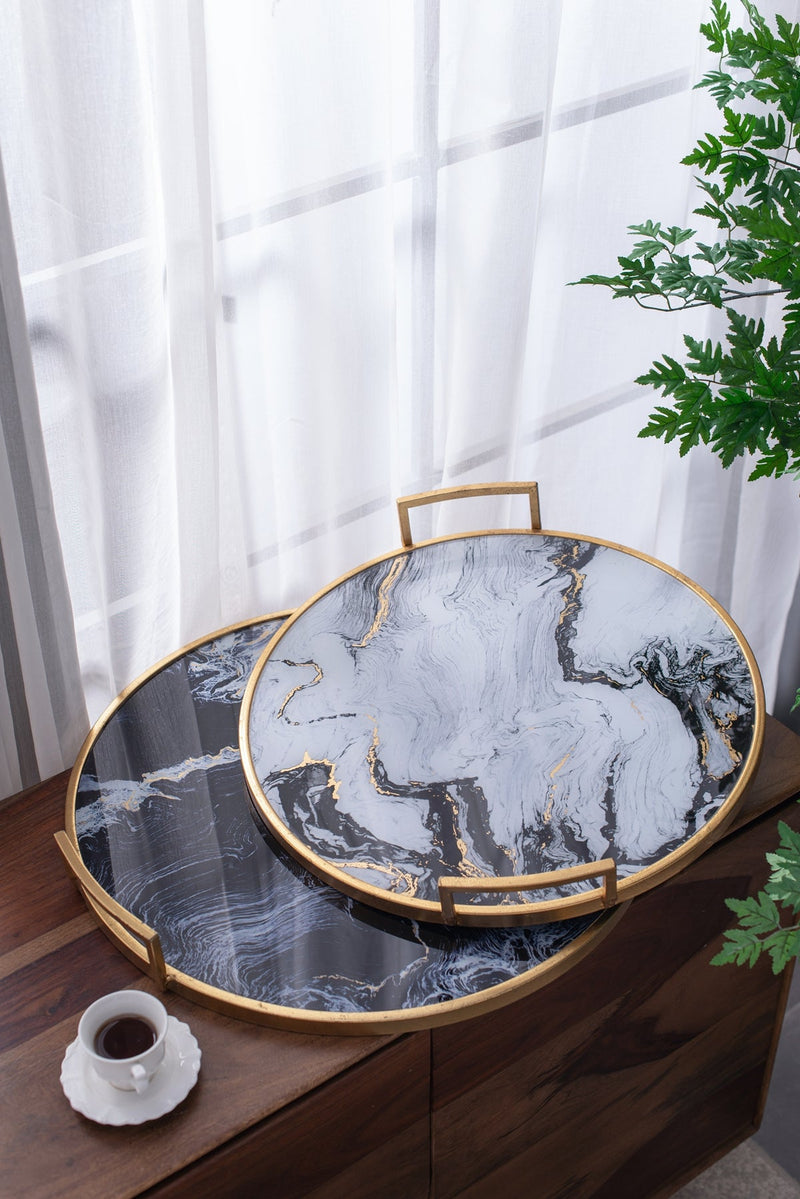 S/2 Round Decorative Tray with Abstract Marbled Design, photo 6 of 10