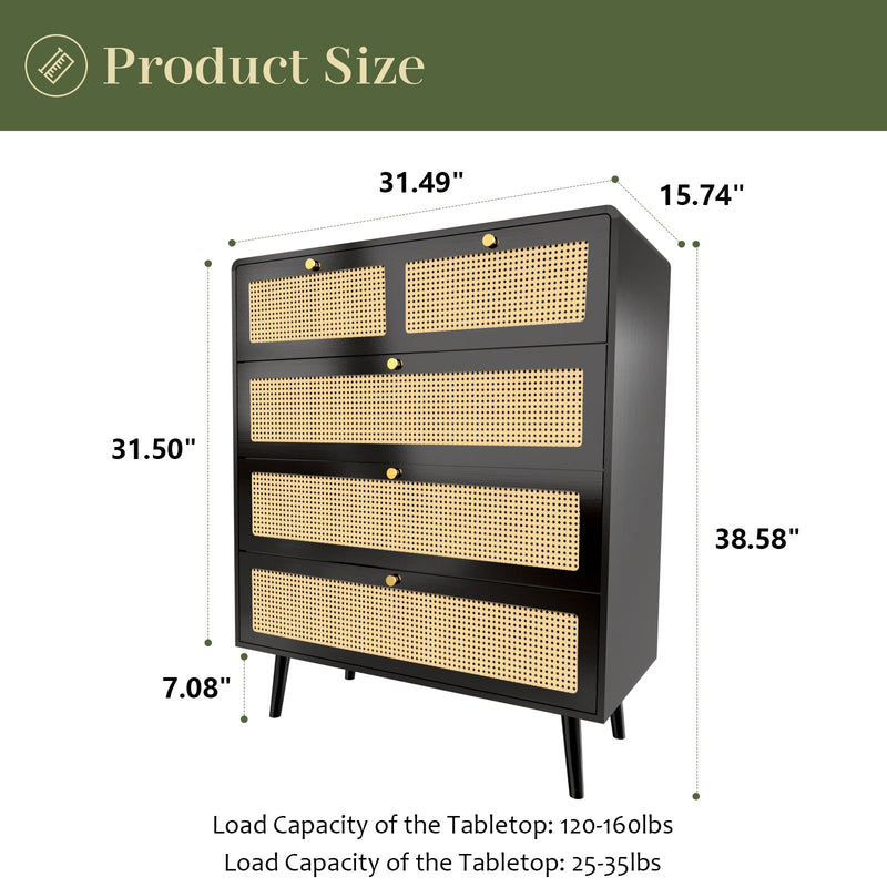 4 Drawer Dresser, Modern Rattan Dresser Chest with Wide Drawers and Metal Handles, Farmhouse Wood Storage Chest of Drawers for Bedroom, Living Room, Hallway, Entryway