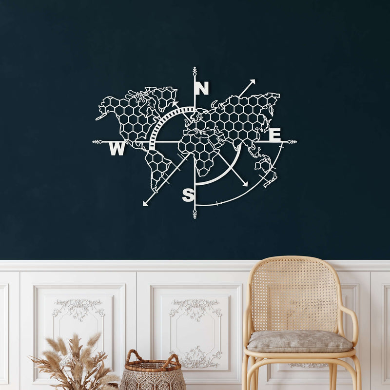Honeycomb World Map Compass Metal Wall Art