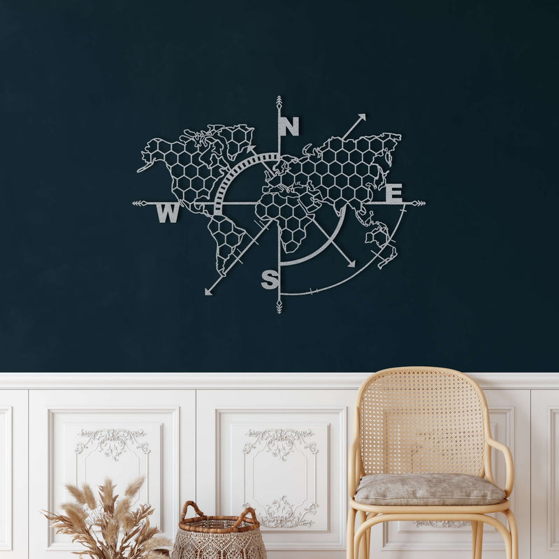 Honeycomb World Map Compass Metal Wall Art