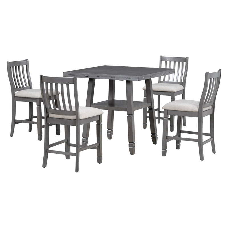 5-Piece Counter Height Dining Table Set in 2 Table Sizes with 4 Folding Leaves and 4 Upholstered Chairs for Dining Room (Gray+Beige Cushion)