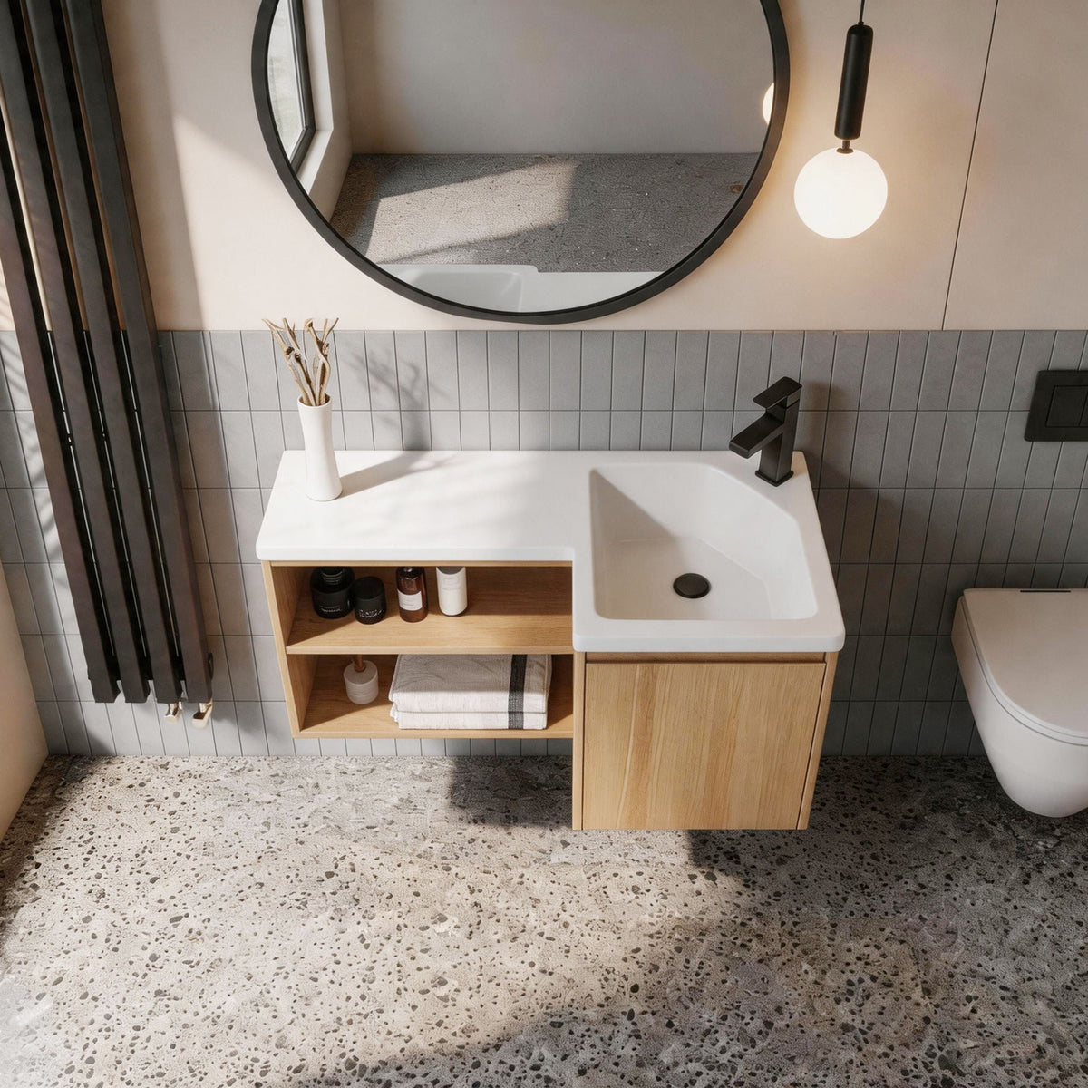 L-Shaped Wall Mounte Floating Bathroom Vanity With Integrated Sink, photo 6 of 14