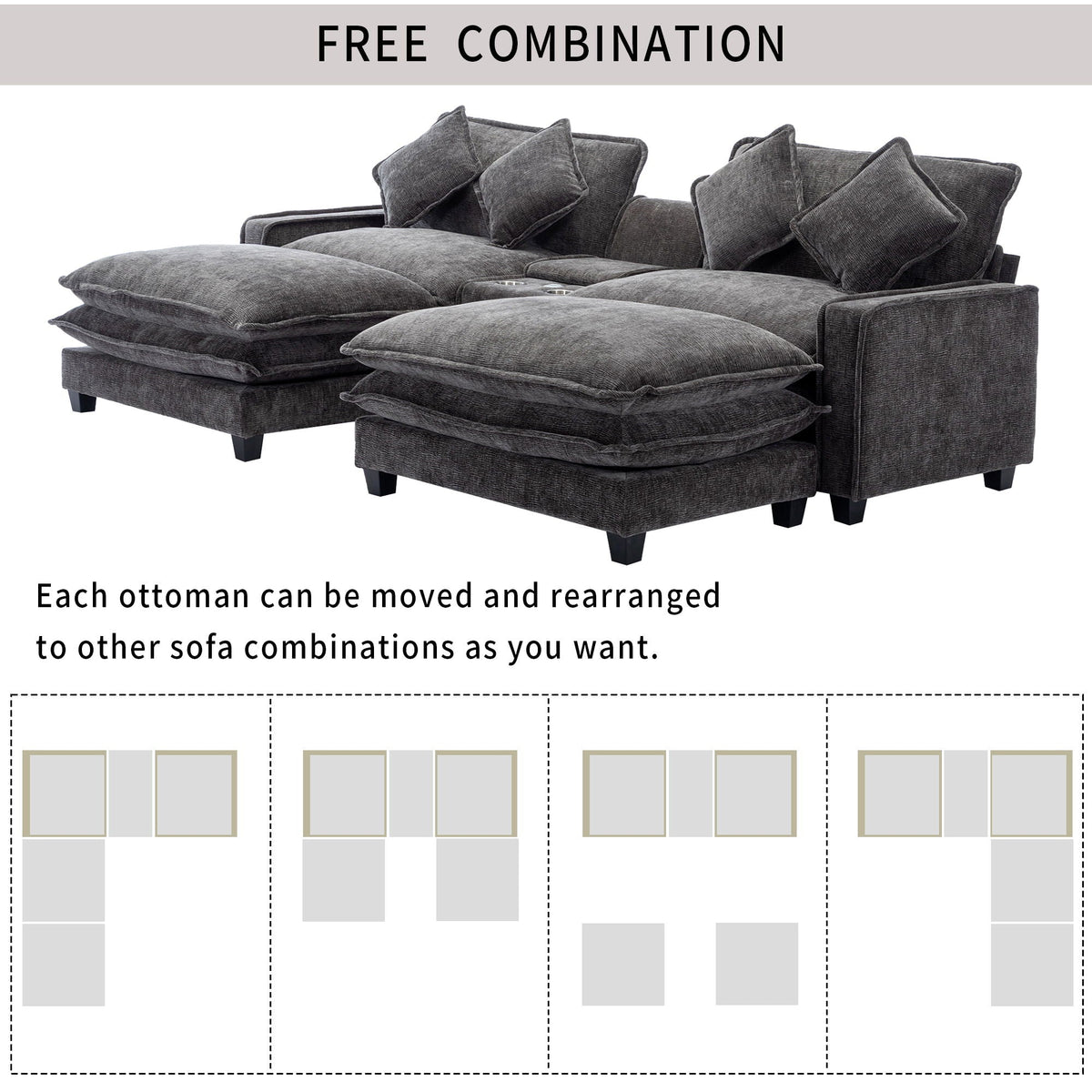 Modern Sectional Sofa With Removable Ottomans, USB Ports, photo 21 of 40