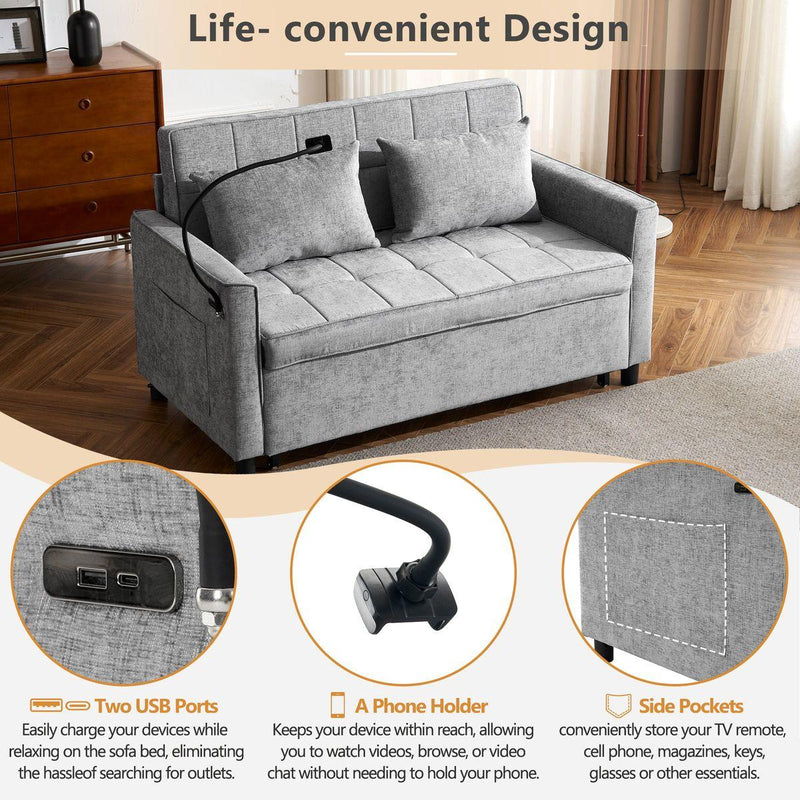 56.9' Loveseat Sofa Pull-out Sofa Bed Sleeper Sofa with a Reversible Backrest Cushion, Side Pockets, Two USB Ports and a Phone Holder for Living Room, Grey