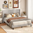Queen Size Velvet Bed Frame with Vertical Channel Tufted Wingback Headboard-White by LJGDeals