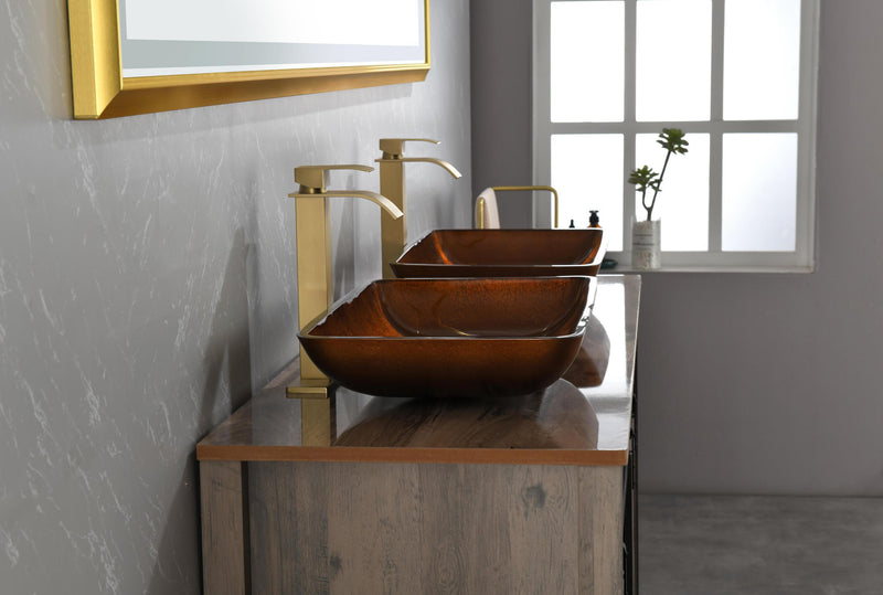 22.5" L -L -14.5" W -4 1/2 in. Handmade Glass Rectangle Vessel Bathroom Sink Set in Rich Chocolate Brown Finish with gold Faucet and gold Pop Up Drain