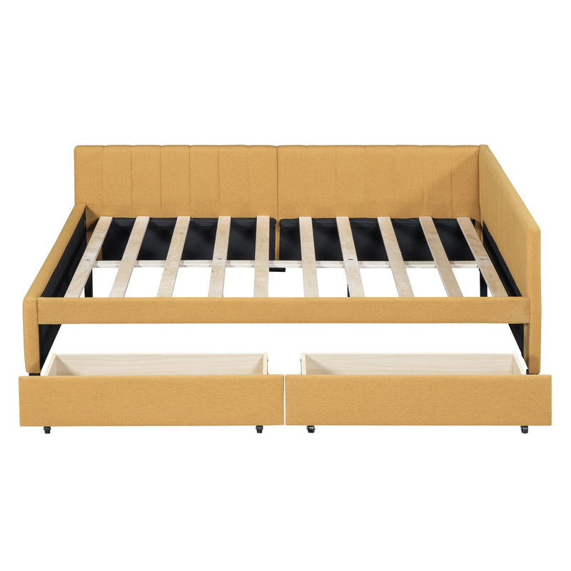 Full Size Upholstered Daybed with 2 Storage Drawers Sofa Bed Frame No Box Spring Needed, Linen Fabric (Yellow)