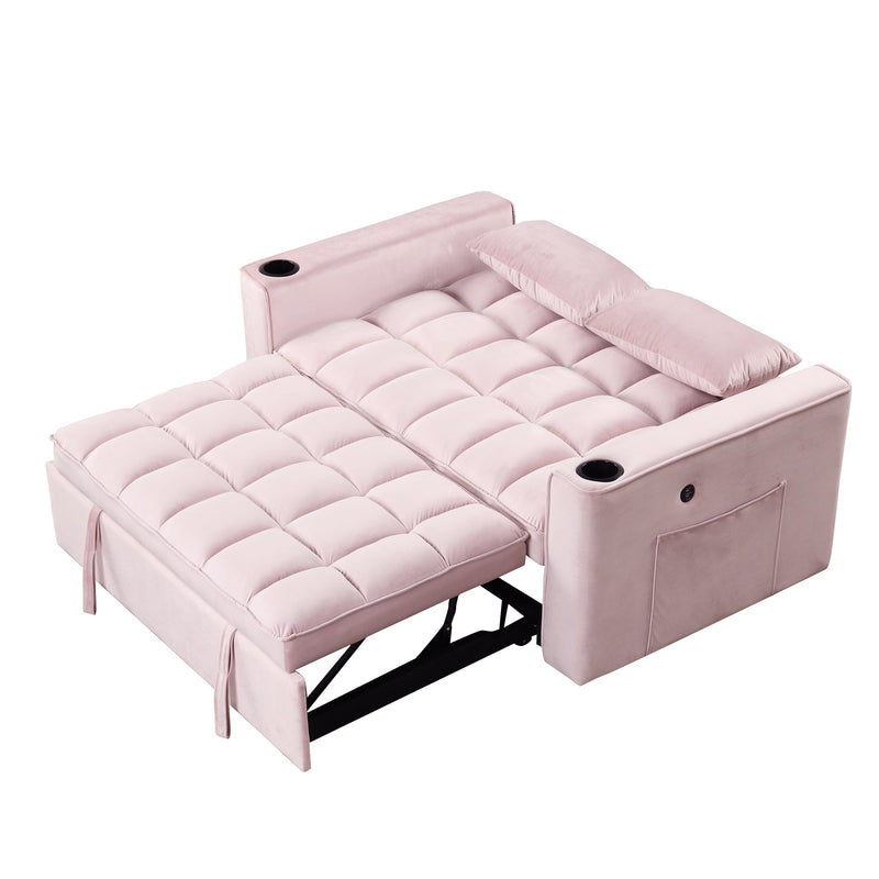 55.3" 4-1 Multi-functional Sofa Bed with Cup Holder and USB Port for Living Room or Apartments Pink