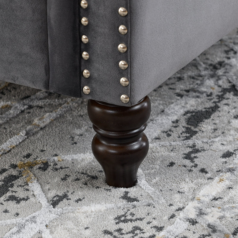 57" Chesterfield Sofa Grey Velvet for Living Room, 2 Seater Sofa Tufted Couch with Rolled Arms and Nailhead for Living Room, Bedroom, Office, Apartment, two pillows
