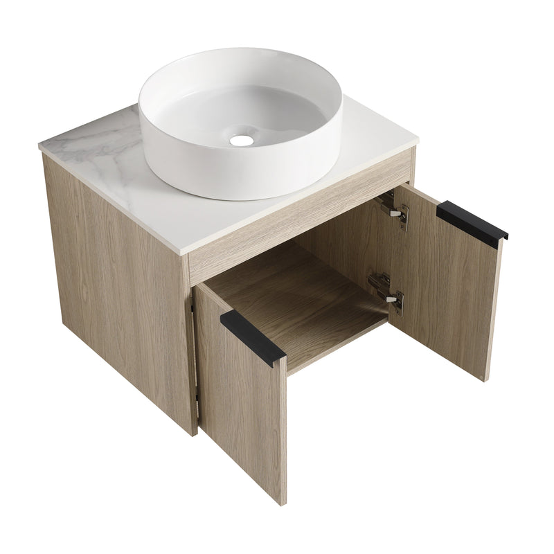 24 " Modern Design Float Bathroom Vanity With Ceramic Basin Set, Wall Mounted White Oak Vanity With Soft Close Door,KD-Packing,KD-Packing,2 Pieces Parcel(TOP