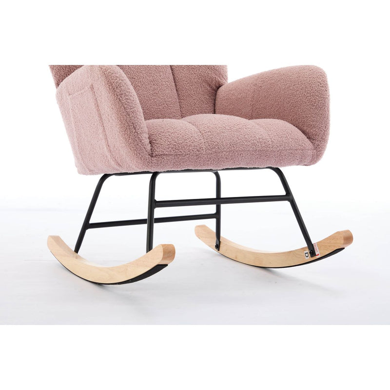 Modern Nursery Rocking Chair Upholstered Glider Chair with High Backrest Rocker Accent Armchair with Solid Wood Legs for Nursery Bedroom Living Room Teddy(Pink)