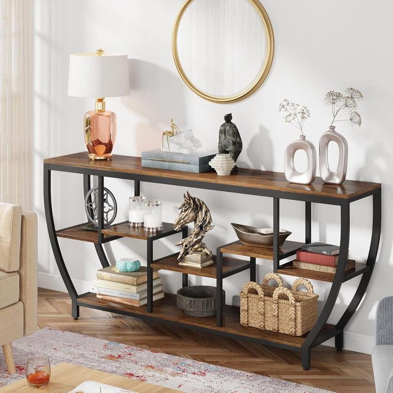 Extra Long Entryway Console Sofa Table With 7 Tier Shelves - Brown / Black, photo 4 of 10