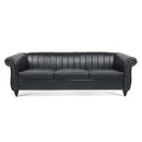 83.46" Black PU Rolled Arm Chesterfield Three Seater Sofa.
