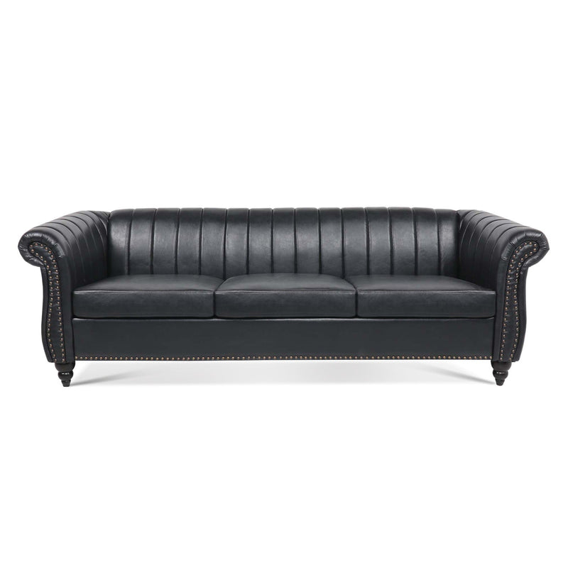 83.46" Black PU Rolled Arm Chesterfield Three Seater Sofa.