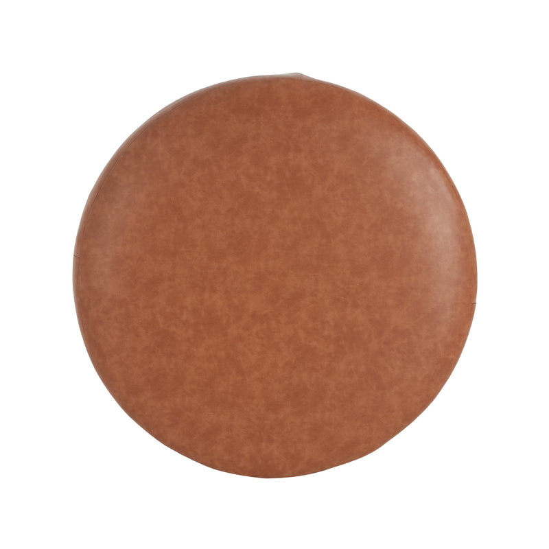 Upholstered Round Ottoman,PU Leather, Cognac Brown