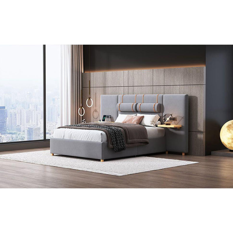 Full size upholstered platform bed with two outlets and USB charging ports on both sides, two bedside pillows, storage shelf, Velvet,Gray