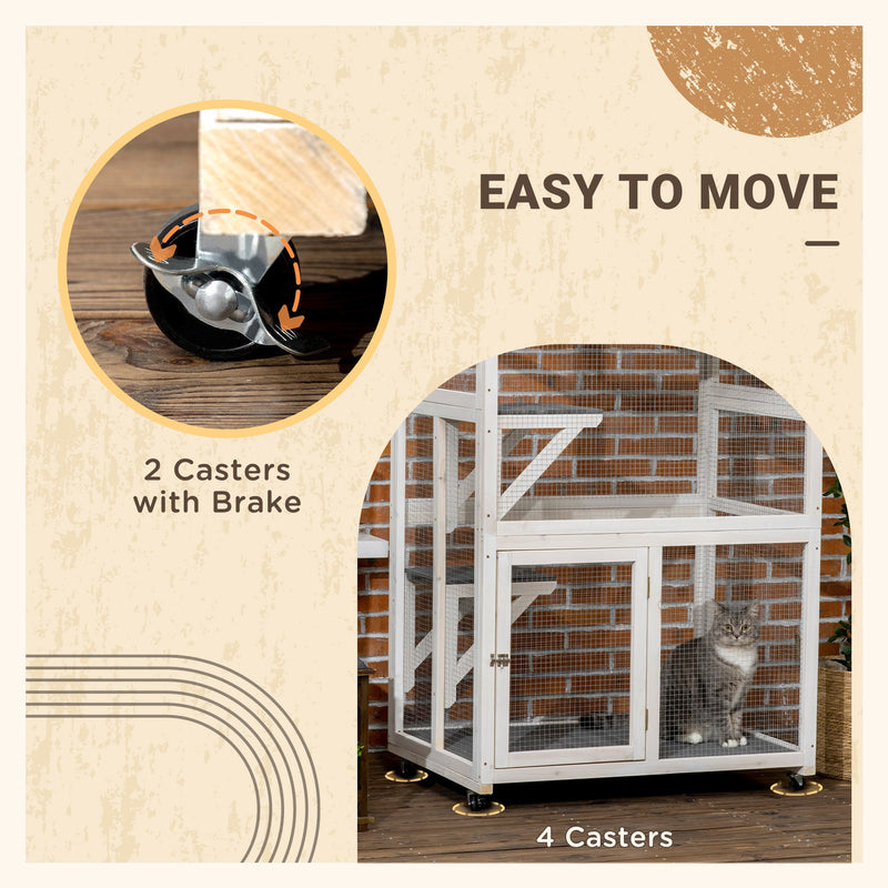 74" Wooden Outdoor Cat House Weatherproof & Wheeled, Catio Outdoor Cat Enclosure with High Weight Capacity, Kitten Cage Condo, Gray