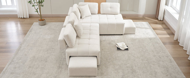 91.73" L-shaped Sofa Sectional Sofa Couch with 2 Stools and 2 Lumbar Pillows for Living Room, Biege