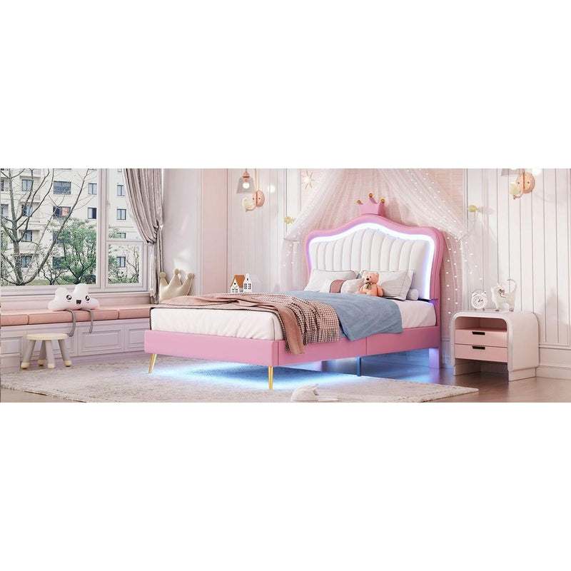 Twin Size Upholstered Bed Frame with LED Lights, Modern Upholstered Princess Bed With Crown Headboard,White+Pink