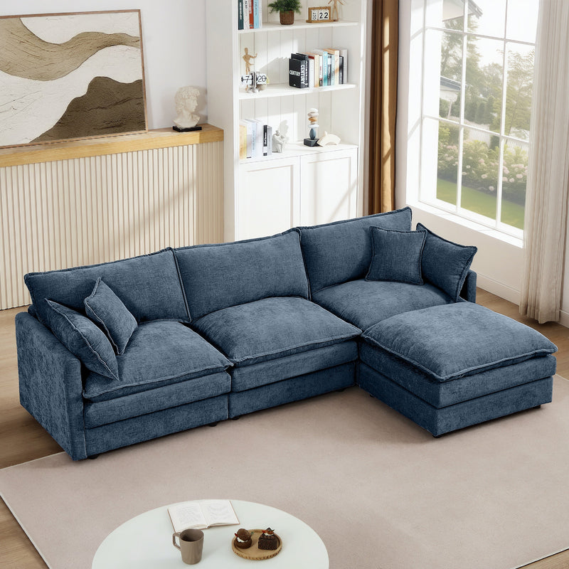 Modern Modular Sectional Sofa 105-Inch L-Shaped Couch Set with Movable Ottoman in Blue Chenille