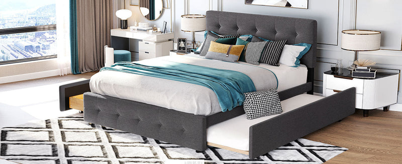 Upholstered Platform Bed with 2 Drawers and 1 Twin XL Trundle, Linen Fabric, Queen Size - Dark Gray