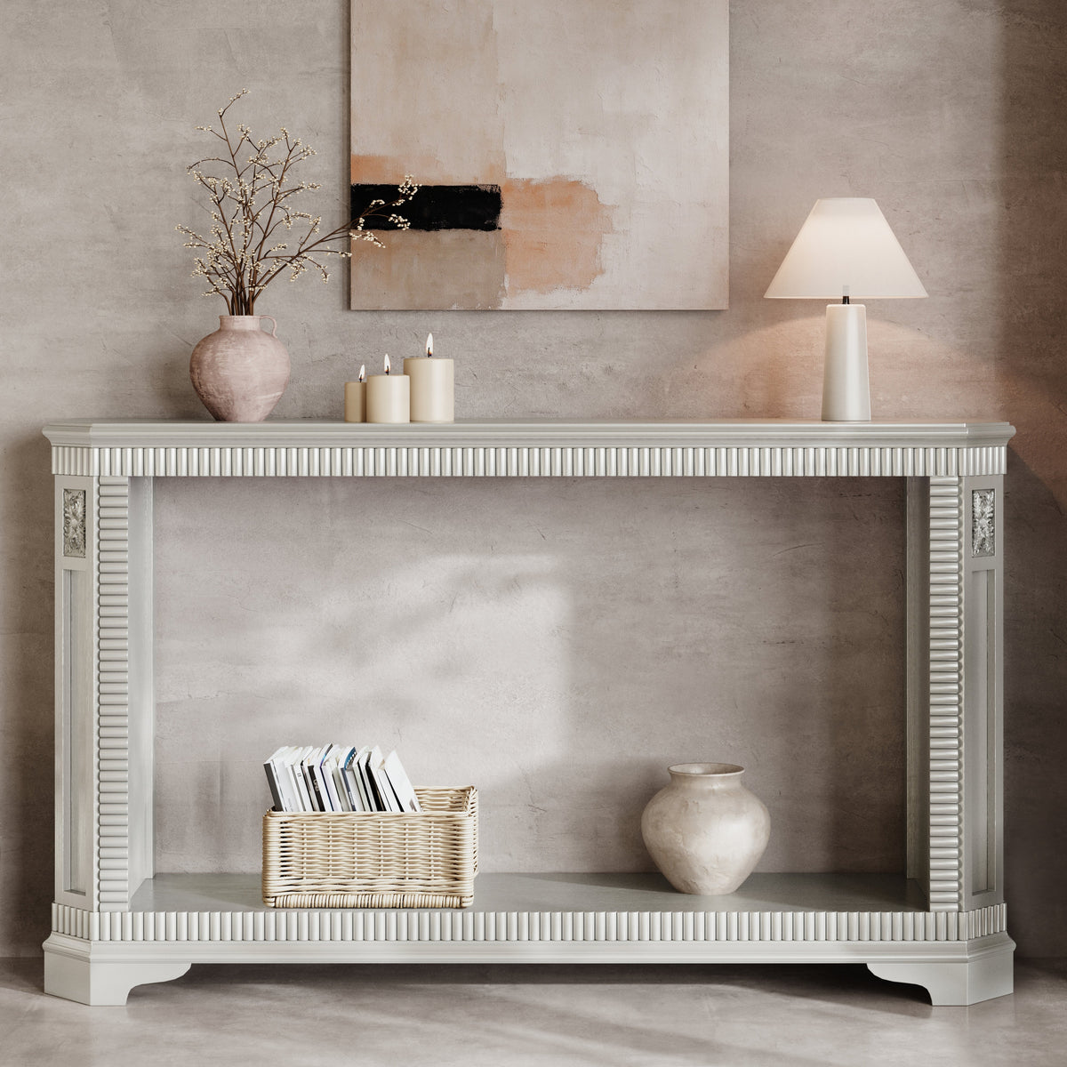 55-Inch Retro Carved Console Table, 2-Tier Open Storage, Champagne Silver