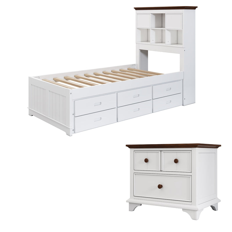 2 Pieces Wooden Captain Bedroom Set Twin Bed with Trundle and Nightstand,White+Walnut