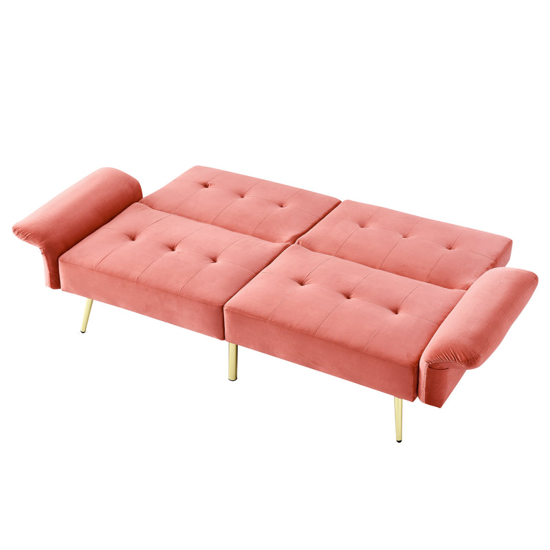 78" Italian Velvet Futon Sofa Bed, Convertible Sleeper Loveseat Couch with Folded Armrests and Storage Bags for Living Room and Small Space, Pink 280g velvet