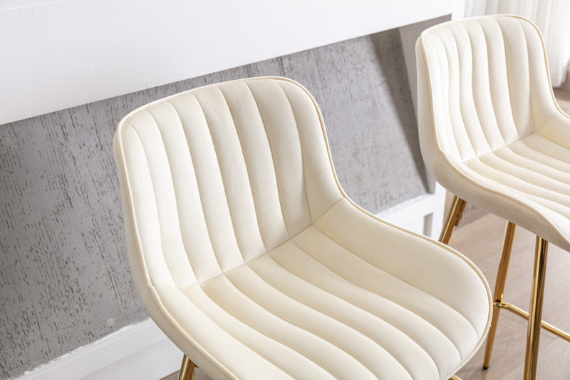 30 inch Set of 2 Bar Stools, with Chrome Footrest Velvet Fabric Counter Stool Golden Leg Simple High Bar Stool, CREAM