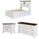3 Pieces Wooden Captain Bedroom Set Full Bed with Trundle, Nightstand and Dresser, White + Walnut