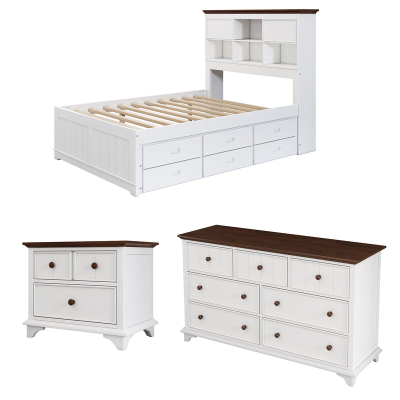3 Pieces Wooden Captain Bedroom Set Full Bed with Trundle, Nightstand and Dresser, White + Walnut