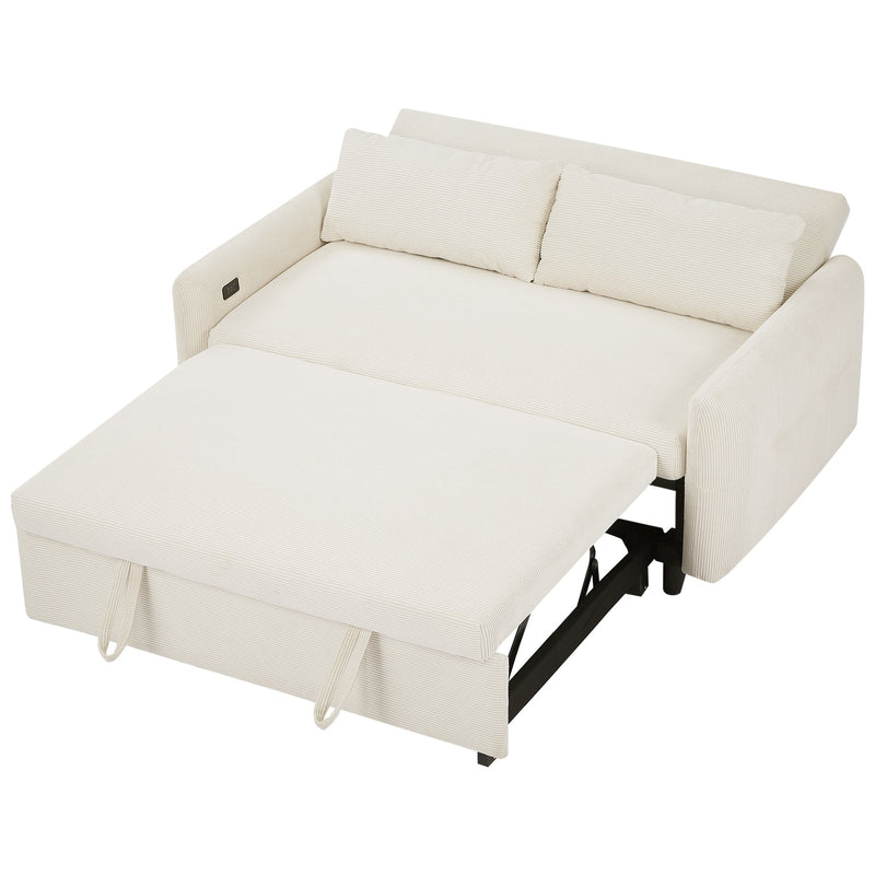 57.48" Pull-out Sofa Bed Convertible Couch 2 Seat Loveseat Sofa Modern Sleeper Sofa with Two Throw Pillows and USB Ports for Living Room, Beige