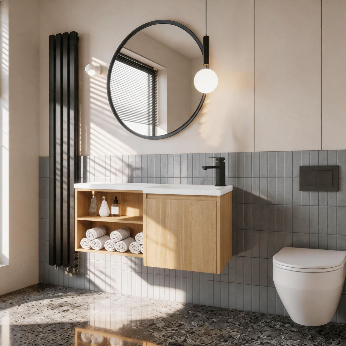 L-Shaped Wall Mounte Floating Bathroom Vanity With Integrated Sink, photo 7 of 14