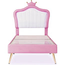 Twin Size Upholstered Bed Frame with LED Lights, Modern Upholstered Princess Bed With Crown Headboard,White+Pink