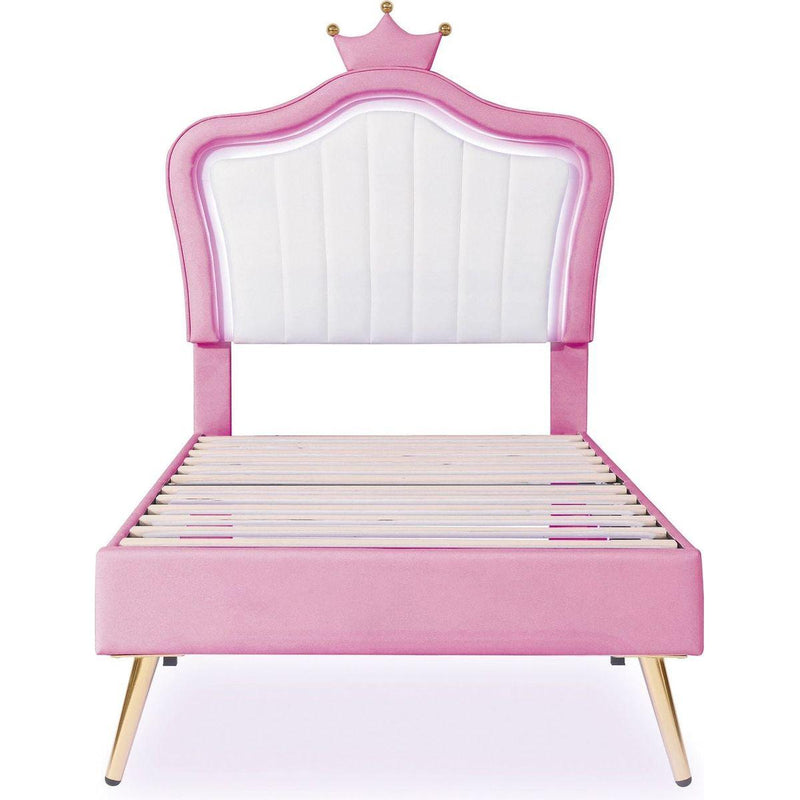 Twin Size Upholstered Bed Frame with LED Lights, Modern Upholstered Princess Bed With Crown Headboard,White+Pink