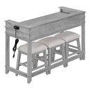 4-piece Dining Bar Table Set with 3 Upholstered Stools, Multifunctional Dining Table with 3 Drawers (Gray)