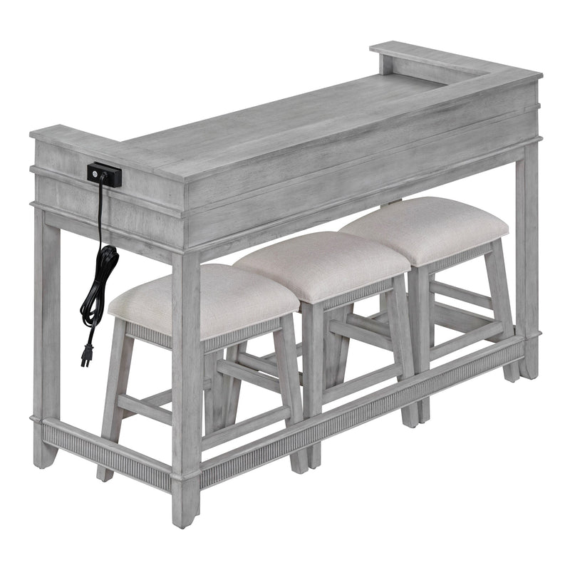 4-piece Dining Bar Table Set with 3 Upholstered Stools, Multifunctional Dining Table with 3 Drawers (Gray)
