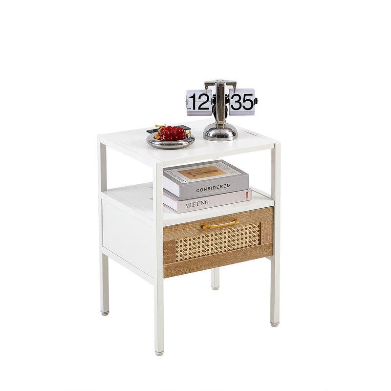 15.75" Rattan End table with Power Outlet & USB Ports, Modern nightstand with drawer and metal legs, side table for living room, bedroom,white(1 PC)