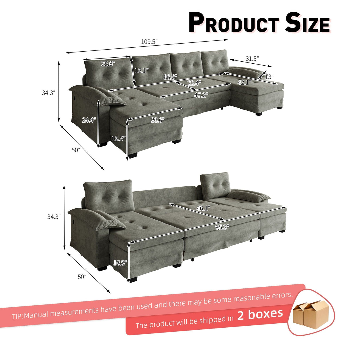 U-Shaped Sleeper Sofa With Pull Out Bed, Removable Armrests & USB Ports For Living Room, photo 7 of 12