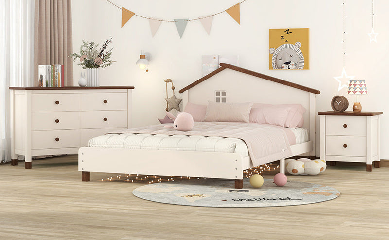 3-Pieces Bedroom Sets Full Size Platform Bed with Nightstand and Storage dresser, Cream+Walnut