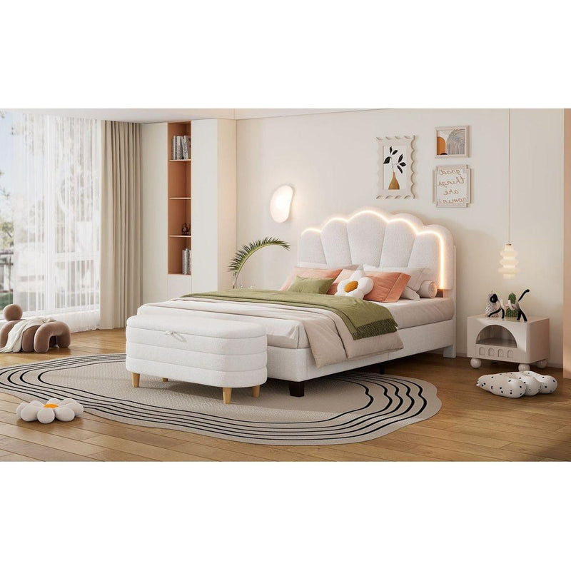 2-Pieces Bedroom Sets Full Size Flower-Shaped Upholstered LED Platform Bed with Storage Ottoman-Sherpa Fabric, White